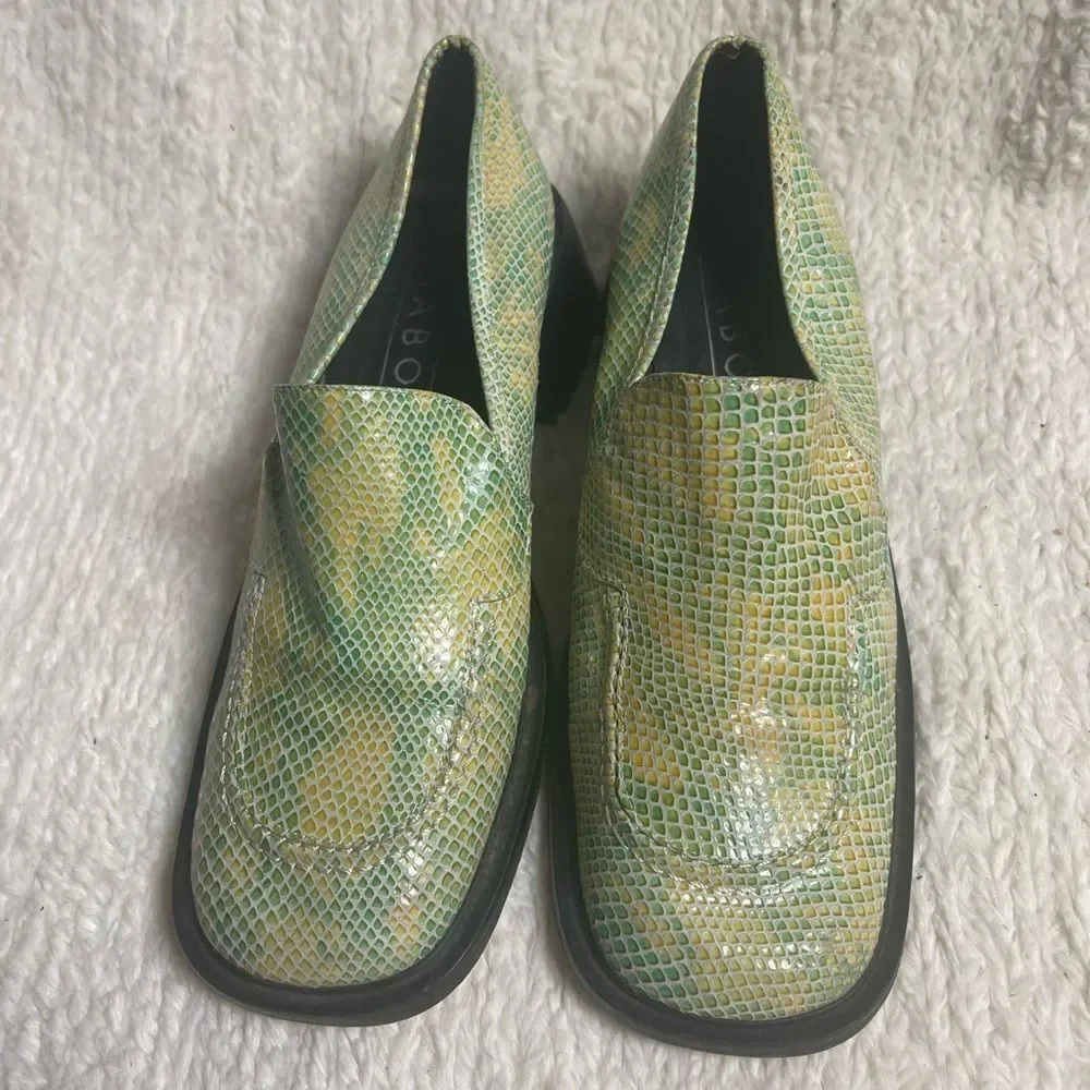 MABOU leather snake skin print Green and Yellow Loafers Block heels SZ8
